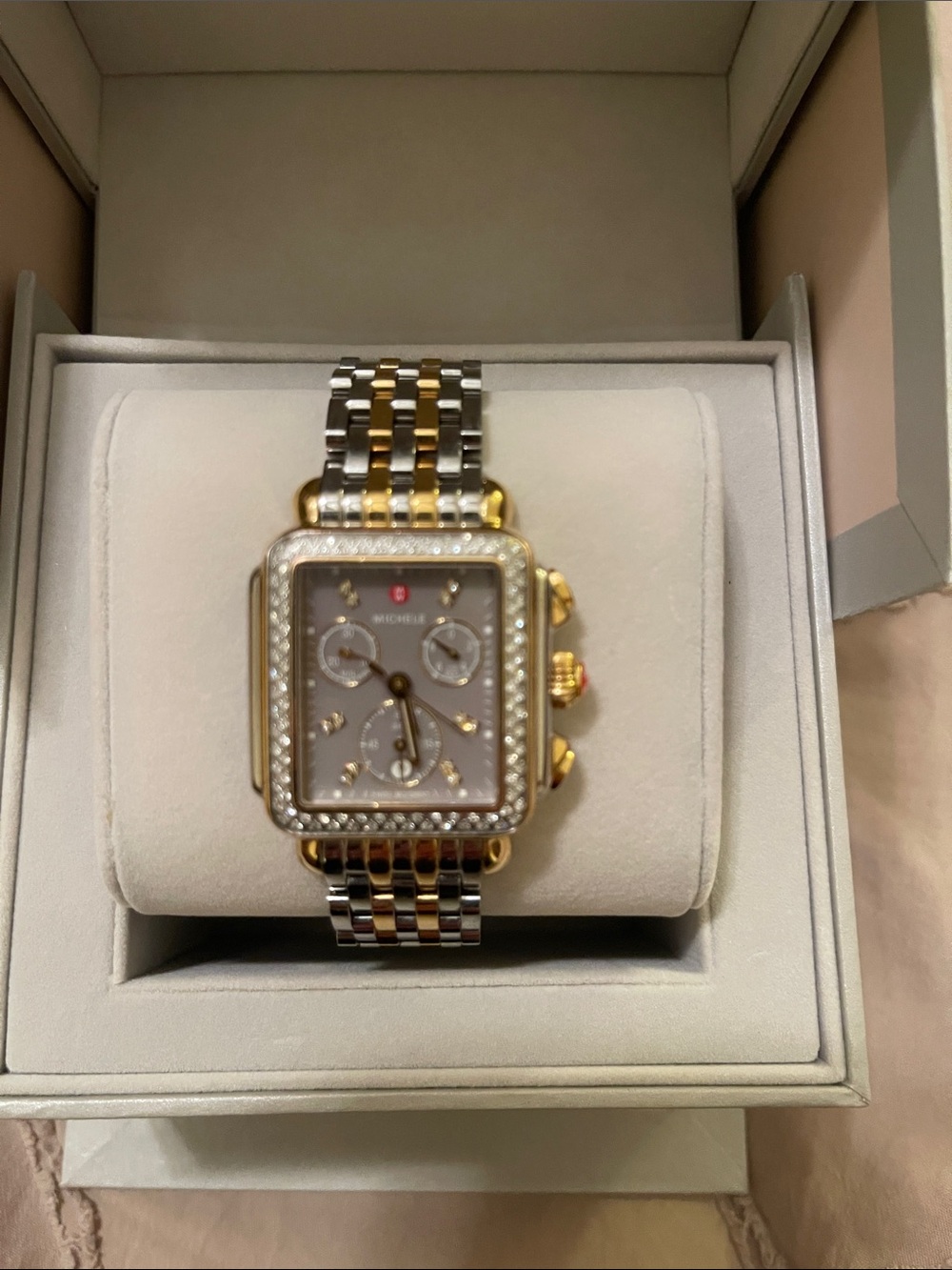 ❤️❤️❤️Michele Two-Tone Square Diamond-Trim Women’s Bracelet Watch❤️❤️❤️